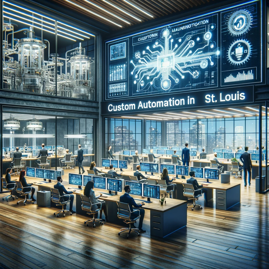 The new image has been created to further illustrate the impact of custom automation in a professional business setting in St. Louis. It features a high-tech workspace with tailored automation technology and a dynamic, professional atmosphere. This visual emphasizes efficiency and innovation, showcasing a diverse team of professionals actively engaging with advanced technological setups.