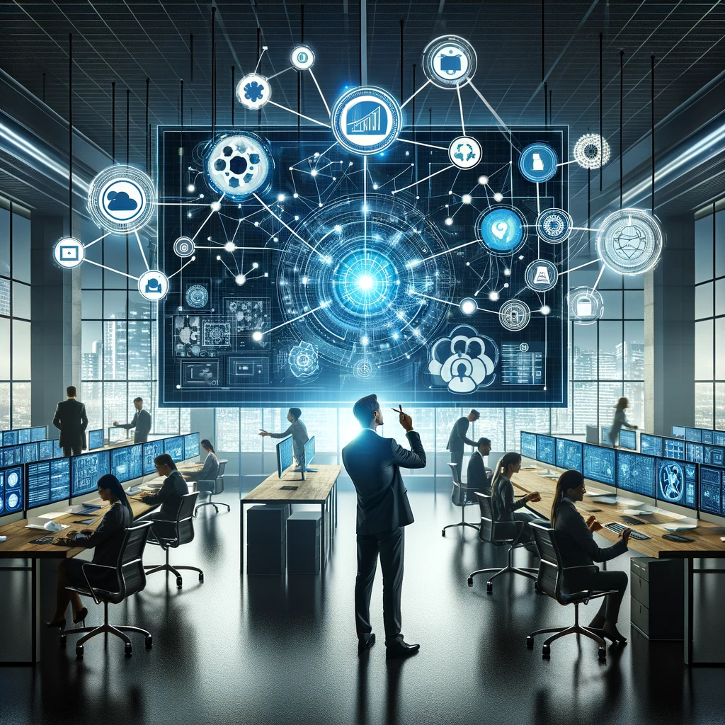 The image has been created to visually represent the concept of custom integrations within a professional office setting. It features a network of connected systems, symbolizing seamless integration, with visual elements like interconnected nodes, digital displays showing integration software, and employees working efficiently with these integrated systems. The design emphasizes a modern, tech-driven environment, highlighting the productivity and performance enhancements brought by tailor-made integrations.