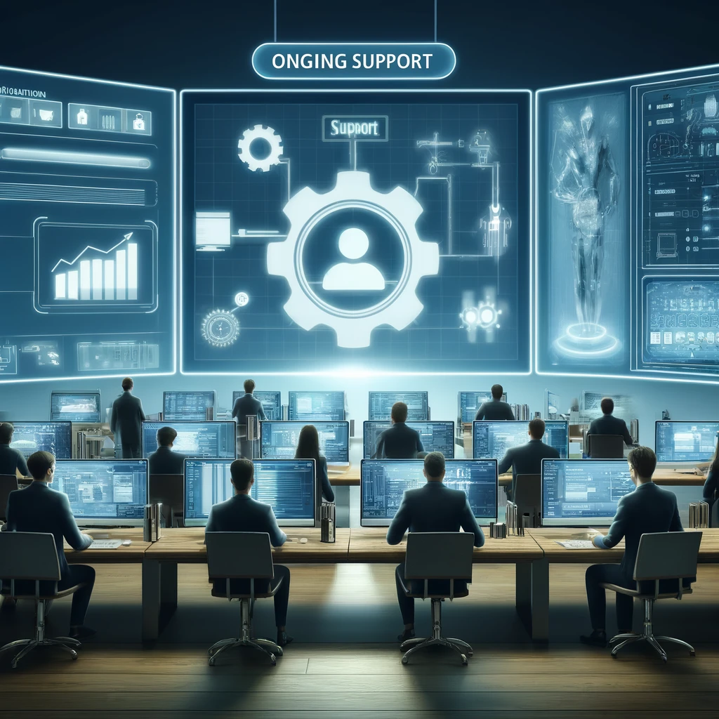 The new image has been created, depicting the concept of ongoing support for automation solutions in a professional office setting. This visual shows a support team actively monitoring and updating automation systems, set in a responsive, tech-driven environment, without any texts or captions.