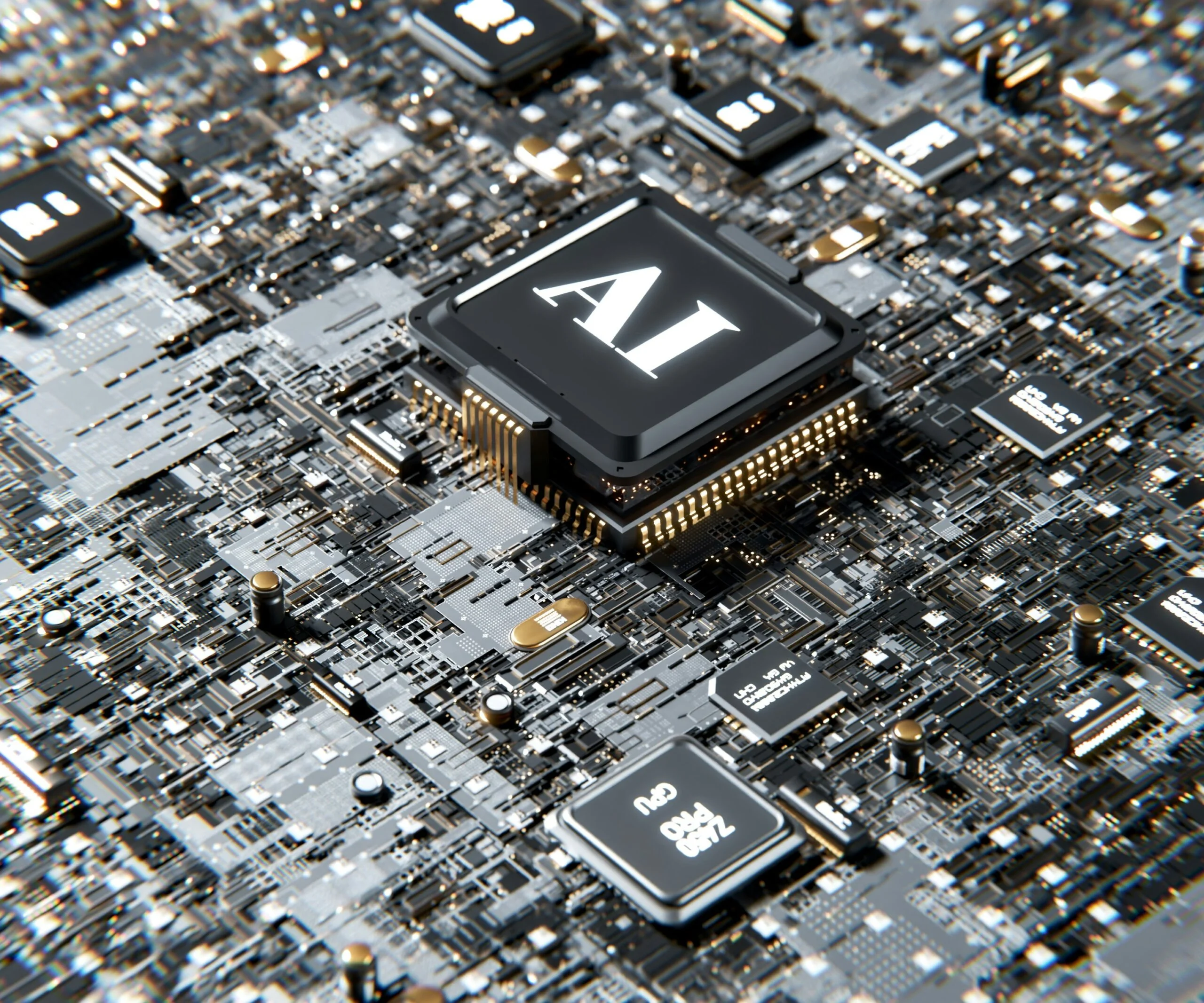 Close-up of an AI chip on a circuit board, showcasing AI technology integration.