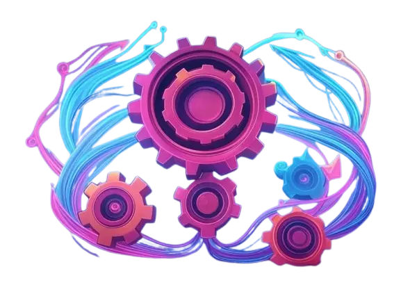OptimizeMyOffice logo depicting interconnected gears with blue and purple data streams flowing between them, symbolizing seamless data transfer between platforms in business process automation, set against a transparent background.